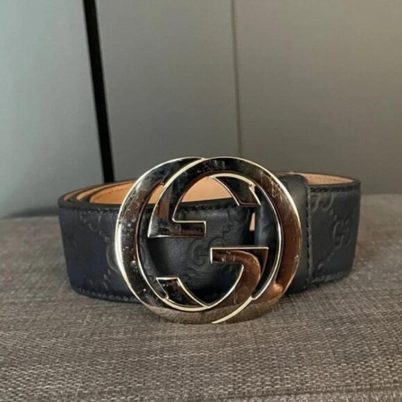 Men’s Gucci Navy Blue Leather Belt With Silver Buckle - Picture 1 of 5